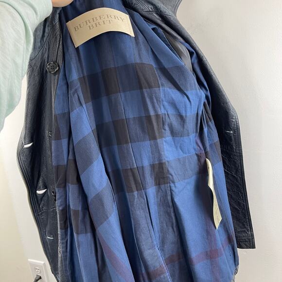 Burberry Brit Dark Blue Distressed Leather Belted Trench Coat Jacket US 6 UK 8 - Picture 15 of 16